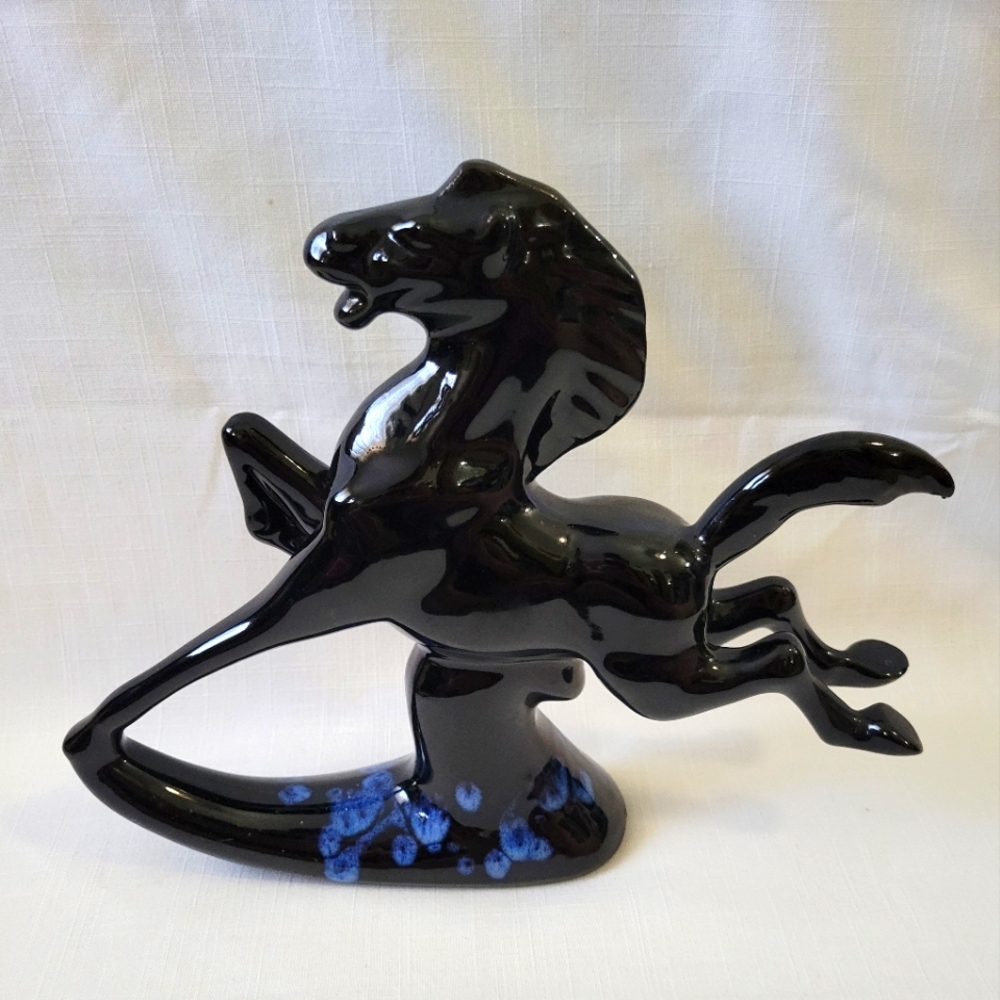 Vintage Black Stallion Galloping Ceramic Statue